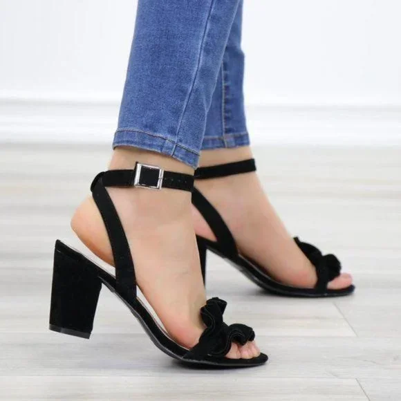 Suede Black Chunky Heel Open Ruffle Toe Sandal - Picture 4 of 10